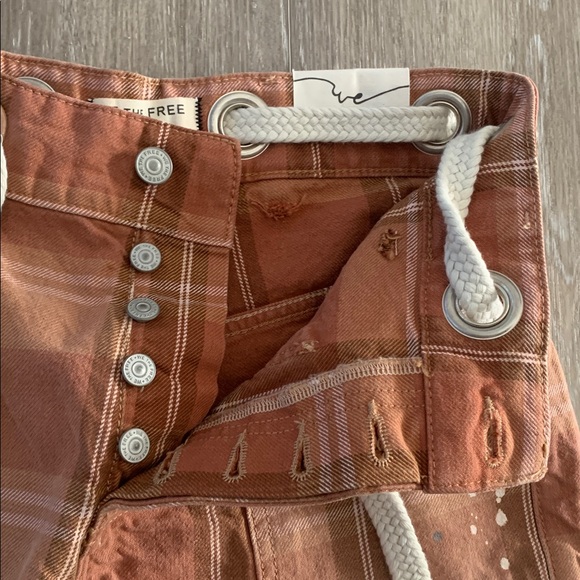 FREE PEOPLE Moxie Barrel Denim Shorts Rust Plaid NWT We The Free - Picture 6 of 13